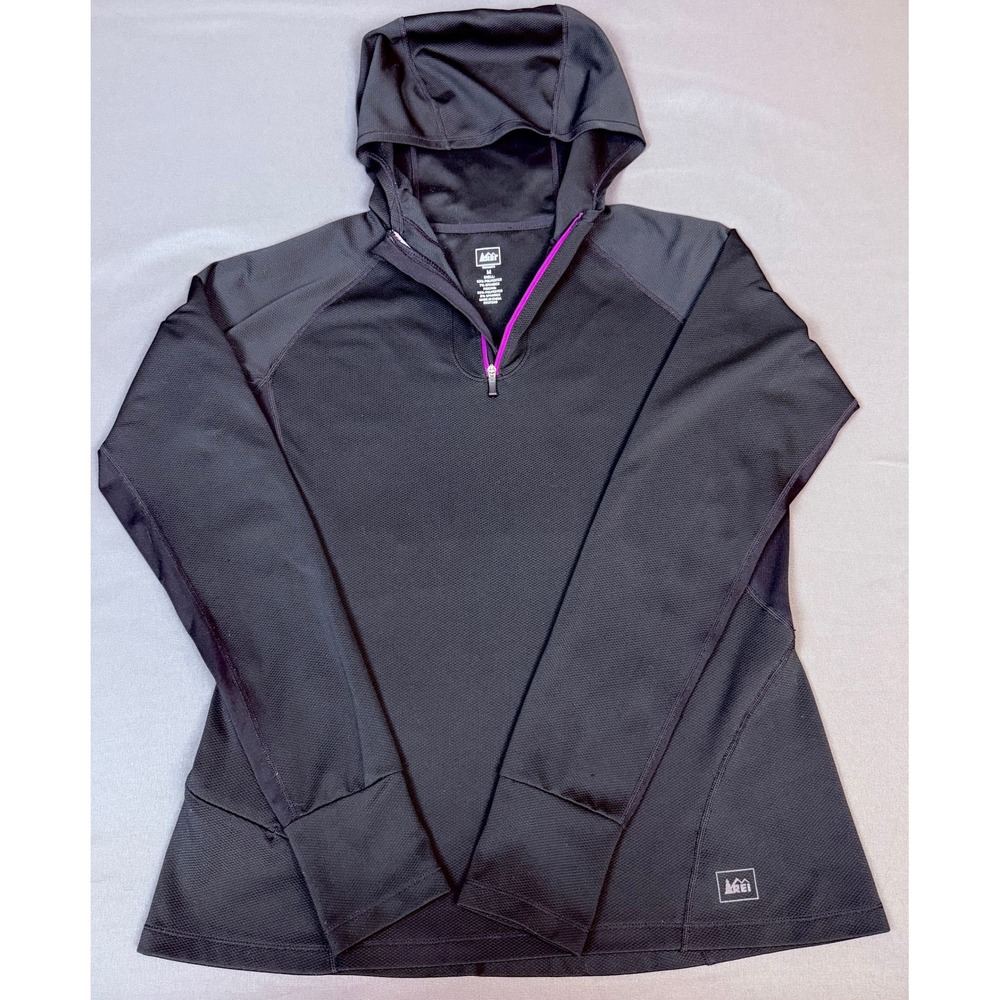 REI Quarter Zip Hoodie Women Medium Black Purple Trim Thumbholes Pocket